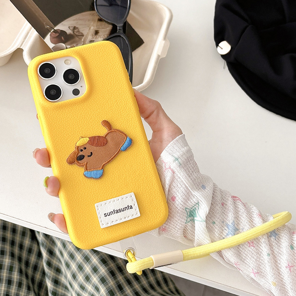 Ốp Điện Thoại Da Thêu Chó + Dây Buộc Cho iPhone 17 Pro Max 16 15 14 13 12 11ProMax Bảo Vệ Toàn Diện Chống Sốc Bảo Vệ Vỏ Mềm