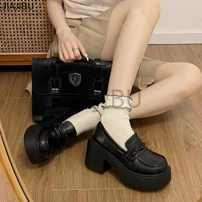 Giày Da Sáng Chế Chống Trượt Phong Cách Anh Quốc Giày Nữ Thời Trang Korean Fashion Platform Mary Jane Shoes Giày Lolita Gót Vuông Giày Lười Slip-on Giày Cao Gót Màu Đen Dành Cho Nữ Sinh Trung Học French Soft-soled Cosplay Doll Shoes Giày JK