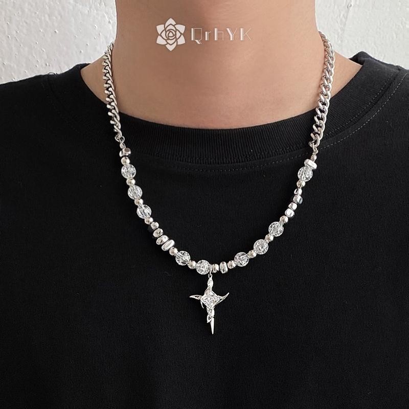 Qrhyk Cao Cấp Cá Tính Titan Thép Vòng Cổ Không Đều Đá Kim Loại Đá Nứt Chéo Vòng Cổ Xương Đòn Dây Chuyền Mới