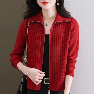 Mùa Xuân Thu Phong Cách Mới Xoắn Áo Len Cardigan Nữ Đỏ Rời Ve Áo Dài Tay Dệt Kim Dây Kéo Áo