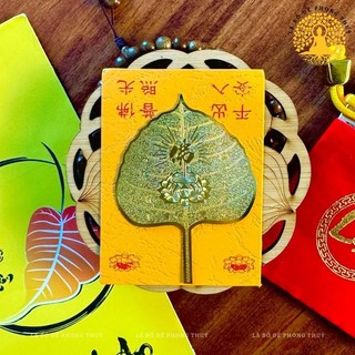 [Tặng Bao Lì Xì Lộc] Lá Bồ Đề Mạ Vàng - Mặt Trước Hoa Sen Và Chữ Phúc - Mặt Sau Hình Phật May Mắn Bình An