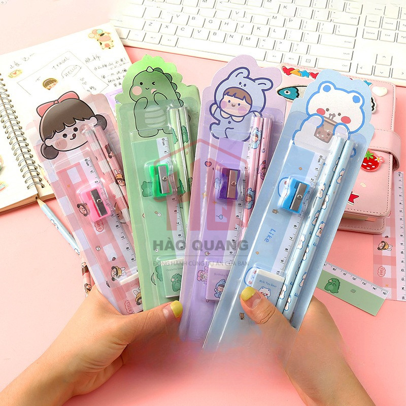 Set Dụng Cụ Học Tập Học Sinh 4 Món – Bút Chì, Thước, Gọt, Tẩy – Siêu Dễ Thương