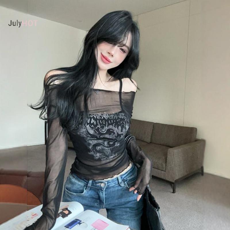 Áo thun nữ lưới mỏng ngoài vai retro gothic, tay dài gợi cảm, phù hợp mùa hè