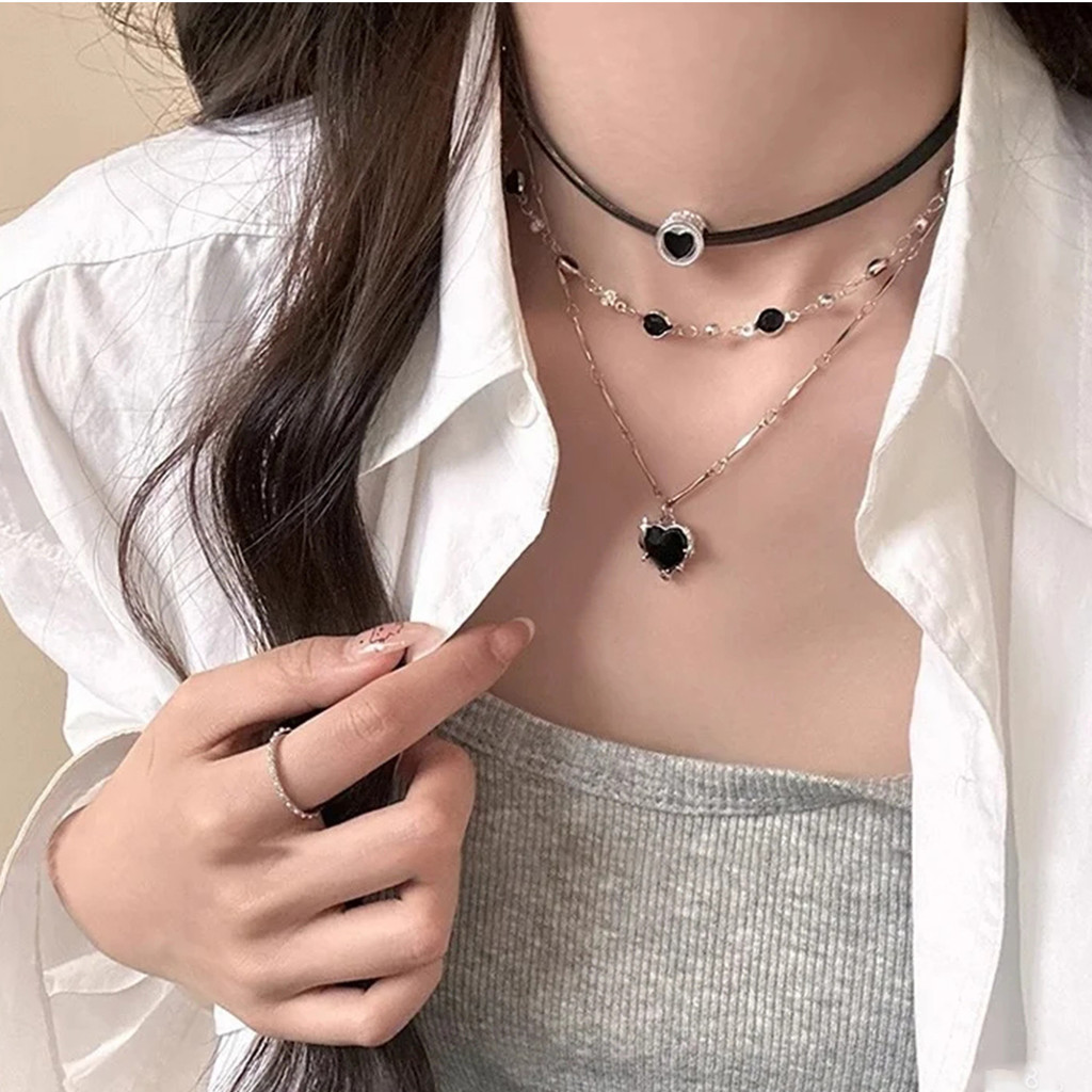 Mặt Dây Chuyền Choker Y2K Mát Đen Trái Tim, Phù Hợp Cho Nữ Thích Style Rock và Trang Điểm