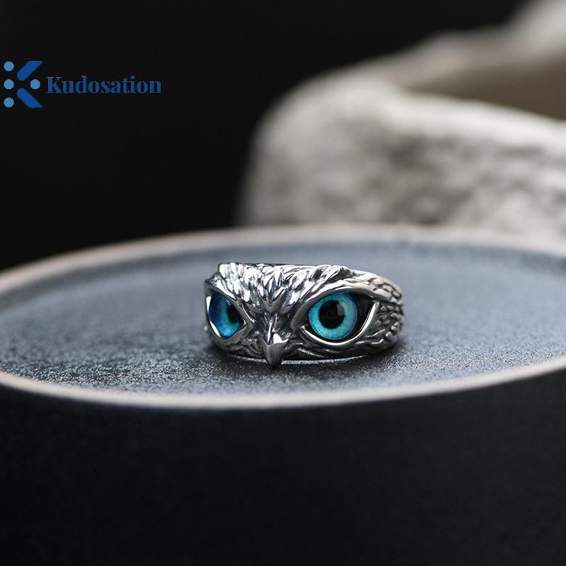 Kudosation Vintage Động Vật Mở Có Thể Điều Chỉnh Đôi Mắt Xanh Cú Nhẫn Nam Nữ Trang Sức Dự Tiệc Quà Tặng