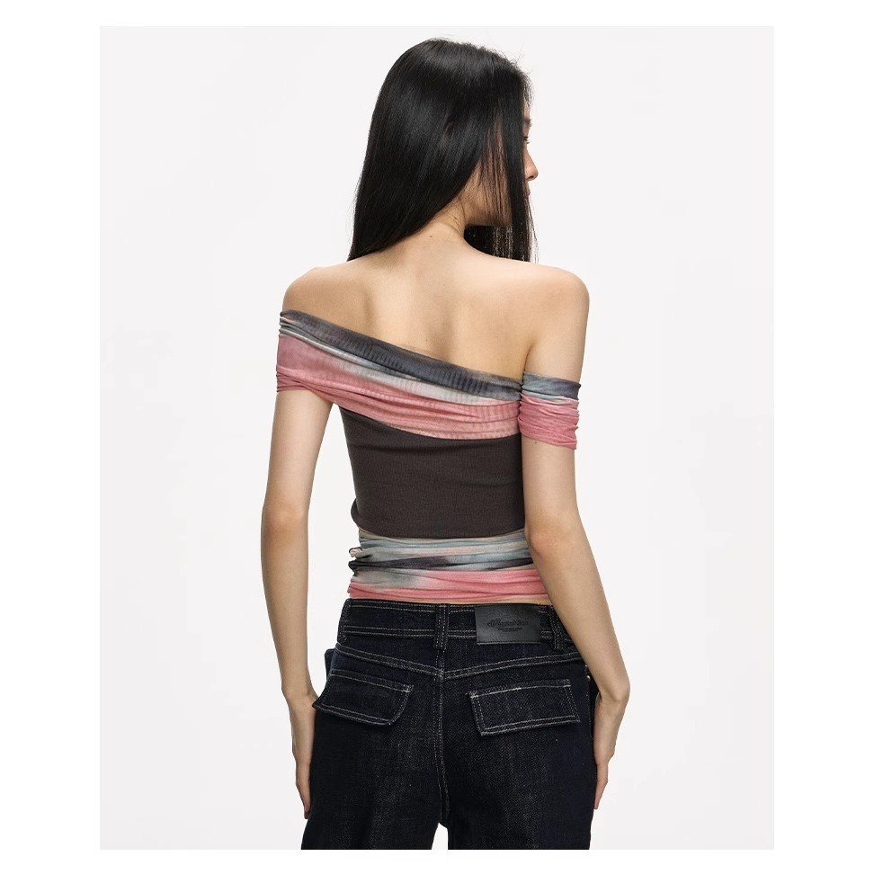 Milyfashion Gradient Color Tie-Dye In gạc Áo thun ngắn tay mùa hè Pure Desire Một vai ngắn