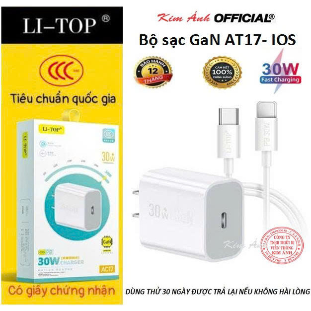 Bộ sạc nhanh LI-TOP GaN AT17 chân cắm Ios (L) công suất PD 30W, có ...