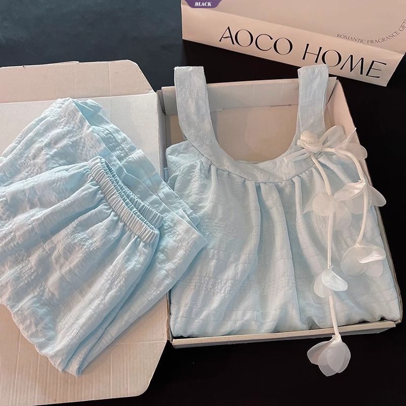 Bộ Đồ Ngủ Màu Xanh Cho Nữ, Phong Cách Công Chúa Họa Tiết Hoa, Thích Hợp Mùa Hè
