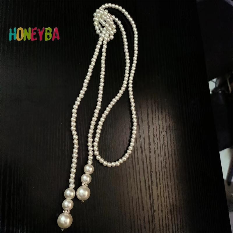 < Honeyba > Vòng cổ áo len ngọc trai mô phỏng hai lớp thanh lịch dành cho nữ Vòng cổ dây chuyền dài