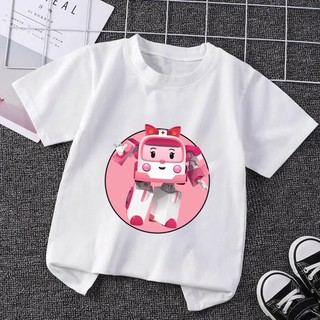 Áo thun trắng tinh khiết Robocar Poli in hình dễ thương quần áo ngắn tay hàng ngày dành cho trẻ em