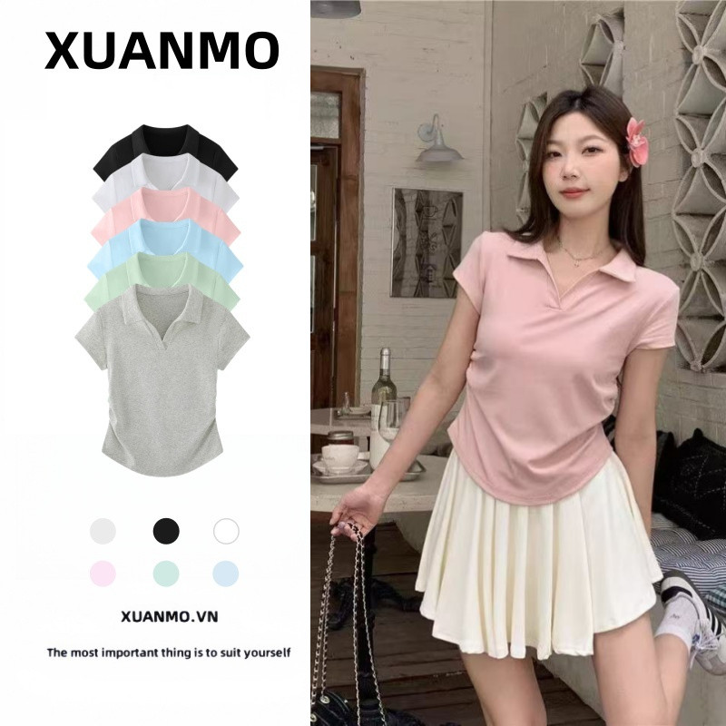 XUANMO Local brand Áo baby tee Áo Thun ôm body Áo y2k cotton Áo Polo Tay Ngắn Style Mới Cho Nữ, Màu Hồng, Phù Hợp Mùa Hè
