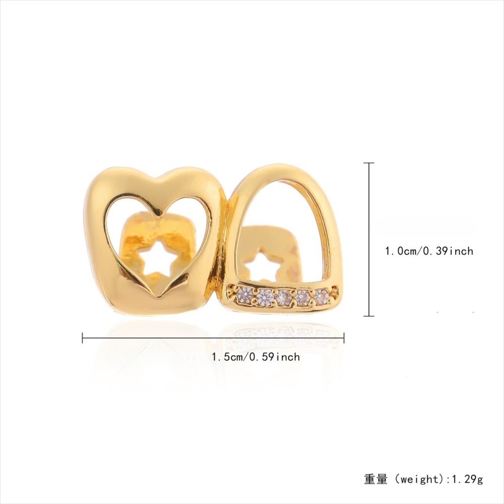 MERIGGIARE Hip Hop Răng Grillz, Trang Sức Răng Zircon Sáng Bóng Màu Vàng, Đồng Trái Tim Rỗng Đôi Trái Tim Grillz Nữ