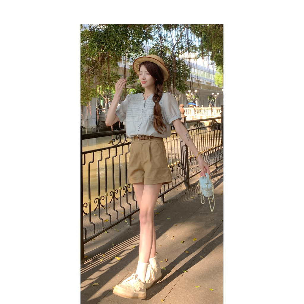 Mutu Áo Sơ Mi Retro Haze Xanh Cho Nữ Mùa Hè 2026, Thiết Kế Xếp Ly Tay Ngắn Cổ Tròn