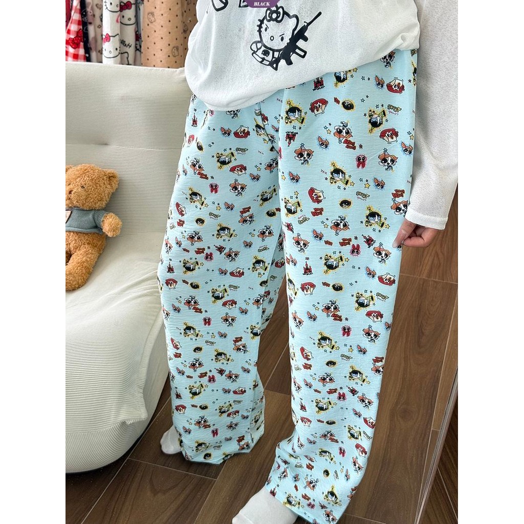 Quần Pyjama nữ Capybara Hàn Quốc, quần mặc nhà mùa hè, dáng rộng, họa tiết hoạt hình dễ thương [BL]