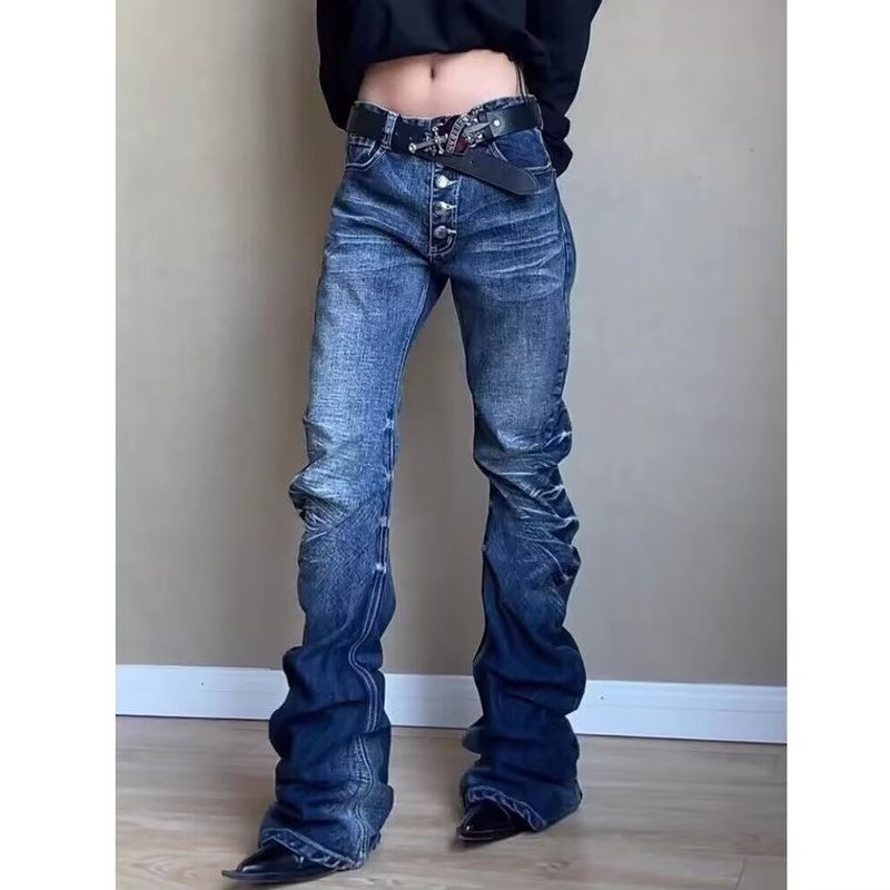 Quần jeans nam ống loe nút bấm retro, dáng ôm nhẹ thời trang
