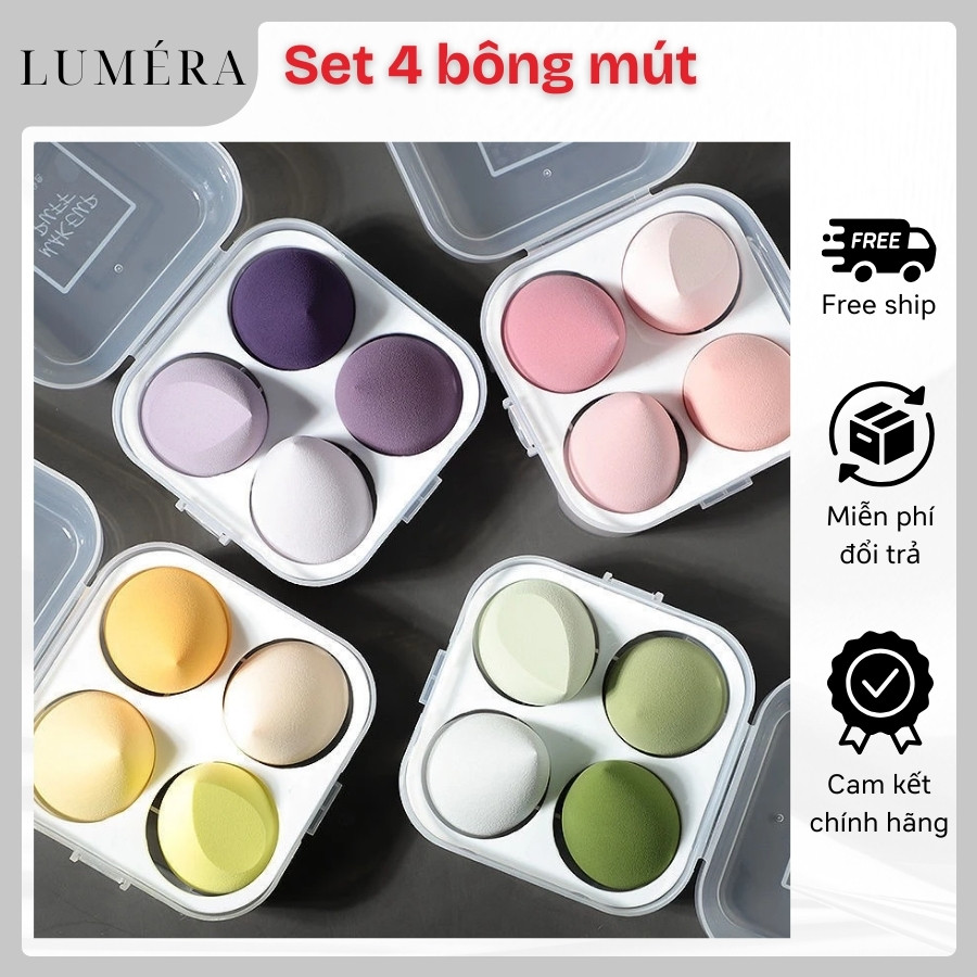 Set Hộp 4 Bông Mút Trang Điểm Tán Kem Nền Kem Che Khuyết Điểm Thiết Kế Hình Giọt Nước