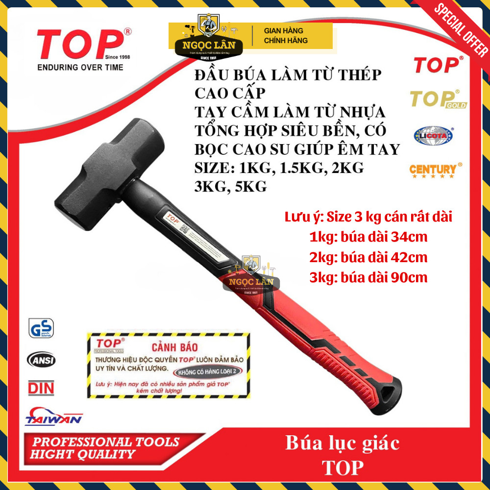 [Chính hãng TOP] Búa lục giác cán nhựa bọc cao su TOP 1kg, 2 kg, 3kg, 5kg Cao cấp