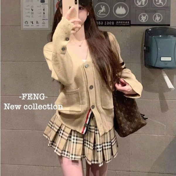 Set Áo Cardigan Thom Nâu Cam KCloset Mix Chân Váy Dạ Dày Dặn Nữ Tính NA547