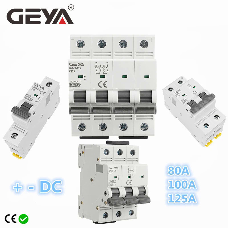 Geya GYM9 125 DC MCB 1P 2P 3P 4P 250V 500V 750V1000VDC Bộ ngắt mạch Mini 80A 100A 125A 6KA DC