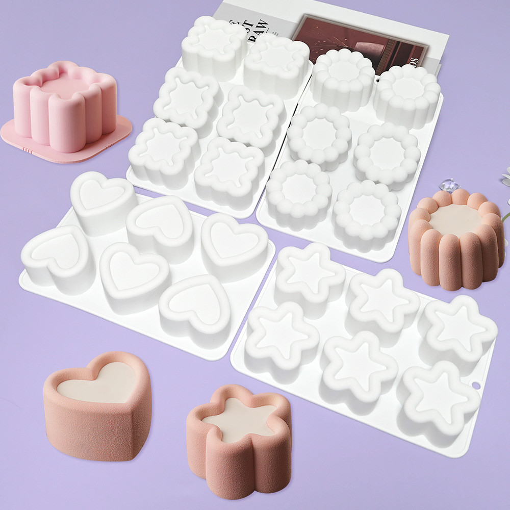 6 Khoang Rãnh Silicon Khuôn Mousse Hình Trái Tim/Ngôi Sao/Hoa, Làm Socola/Thạch/Nến Thơm, Handmade DIY
