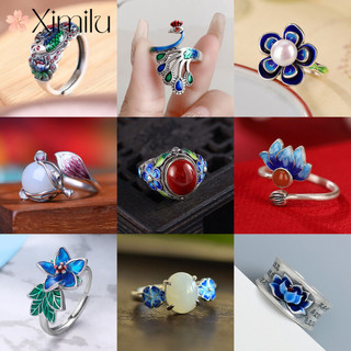 ❤ Ban Đầu Cloisonne Ngọc Series Hoa Sen Con Công Nhẫn Unisex Trang Sức Cá Chép Quà Tặng May Mắn Cung Điện Phong Cách Nhẫn