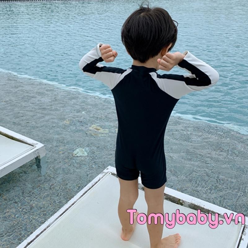 Trẻ Em Bé Trai Đồ Bơi Playsuit Họa Tiết Gấu Trúc Chắp Vá Dây Kéo Dài Tay Chống Nắng Bộ Đồ Tắm