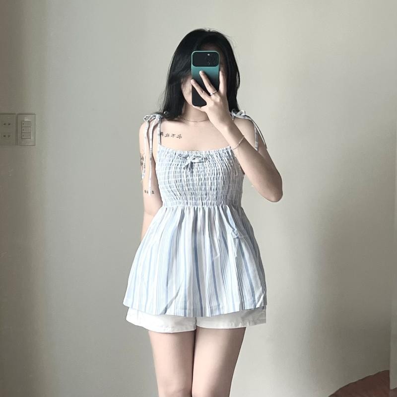 Áo hai dây sọc thổ cẩm mát thiết kế mocking nhún ôm dáng phối nơ điệu đà-A345
