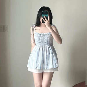 Áo hai dây sọc thổ cẩm mát thiết kế mocking nhún ôm dáng phối nơ điệu đà-A345