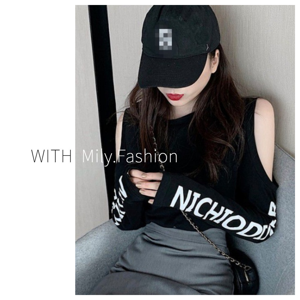 Milyfashion Y2K Street Hollow Off-the-Shoulder Dài Tay Áo Thun Nữ Skinny