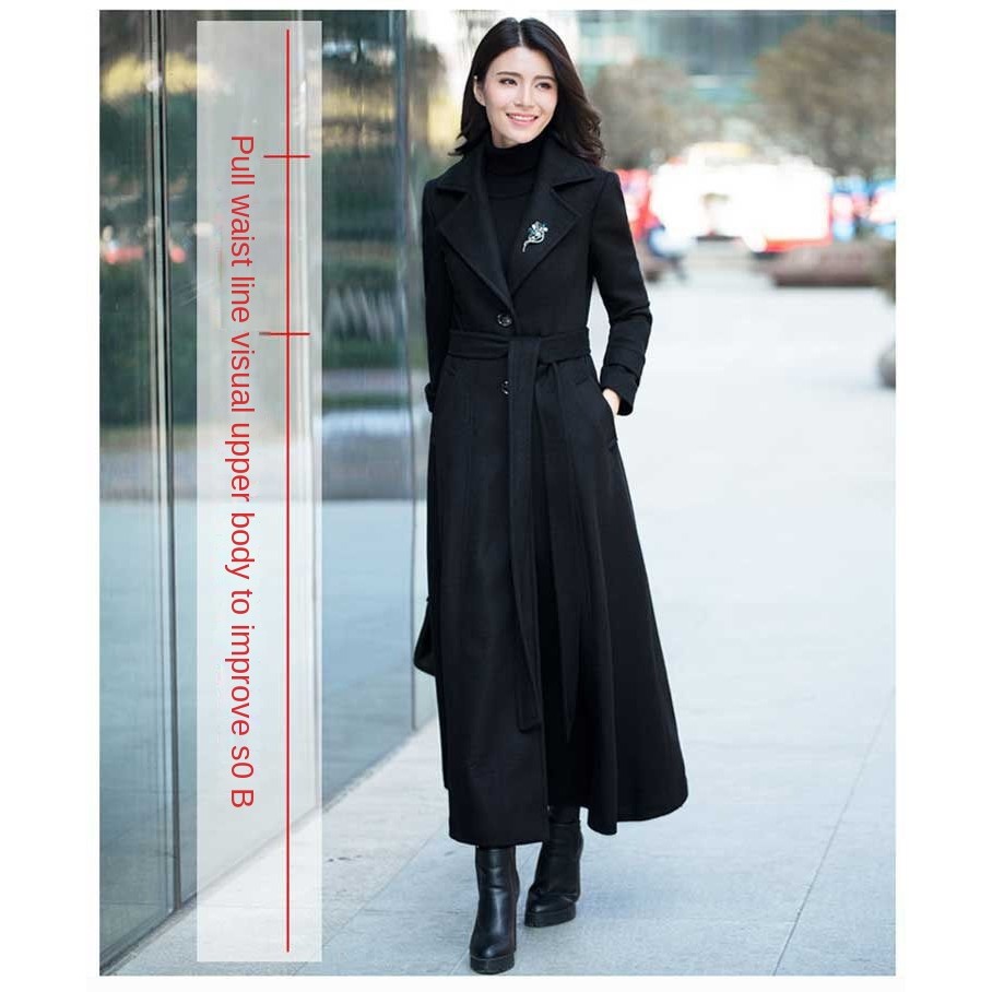 W Mùa Đông Phong Cách Mới-Áo Len Nữ Dày Len Áo Khoác Mỏng Hepburn Phong Cách Siêu Dài Over-the-Knee Áo Khoác Nữ Phổ Biến áo