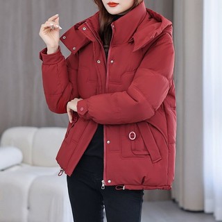 Áo khoác có đệm màu đỏ 2024 Phong cách mới Áo khoác đệm ngắn mùa đông dáng rộng dày ấm áp thời trang có đệm áo khoác