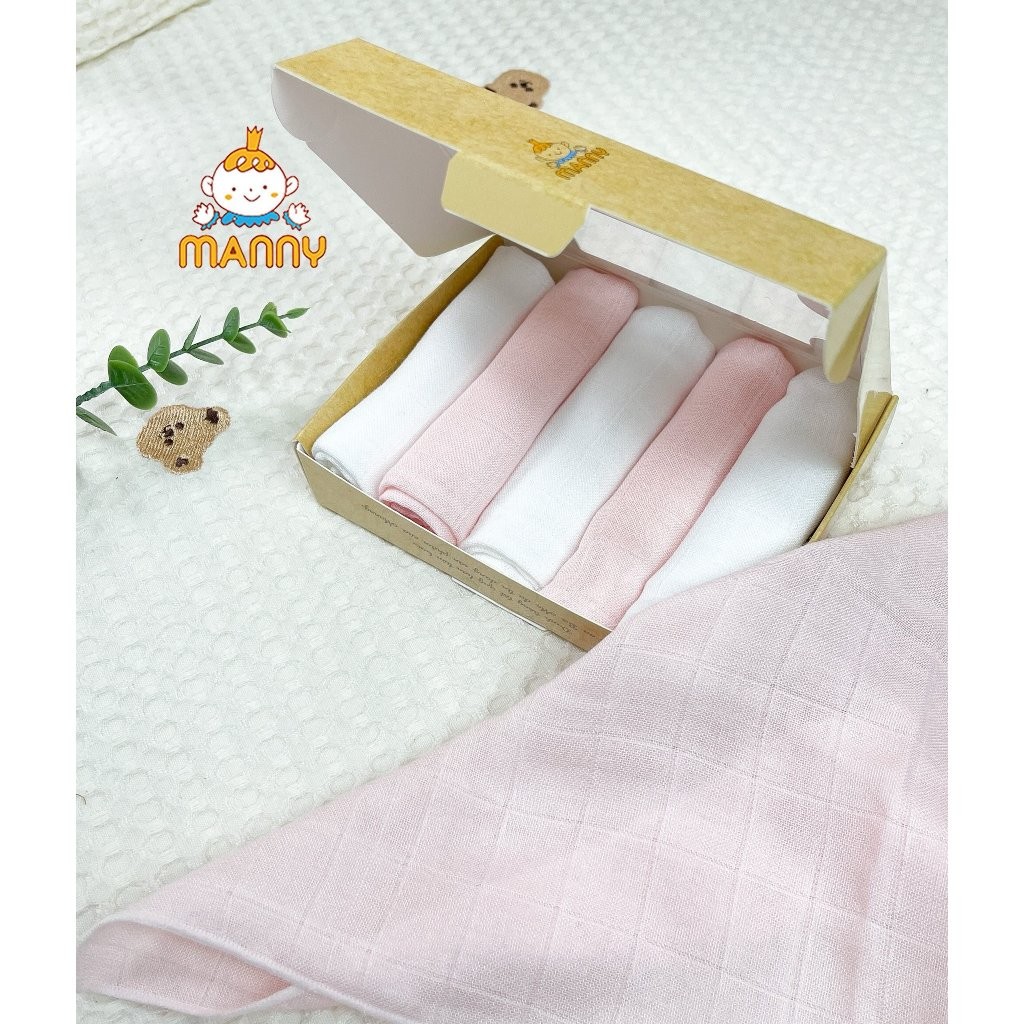Hộp 5 Khăn Sữa Sợi Tre 2 Lớp MANNY Cao Cấp, Mềm Mịn Và Thấm Hút, An Toàn Cho Làn Da Bé KT 30x30cm