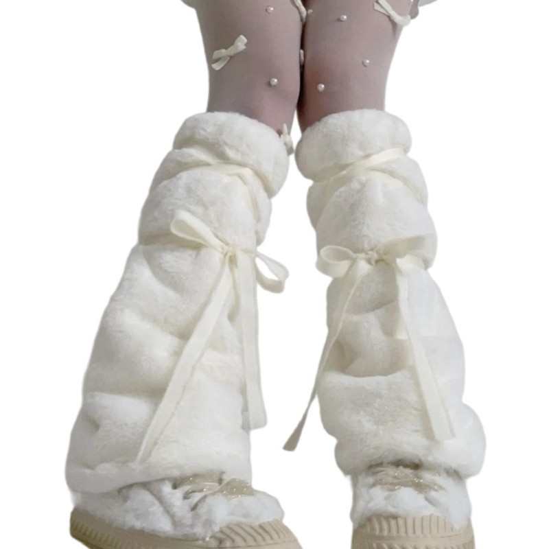 Cute Bowknot Plush Furry Leg Warmers for Women Winter Boot Toppers Long Socks