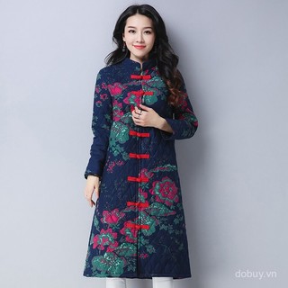 Váy liền sườn xám mùa xuân, mùa thu và mùa đông mẫu mới retro phong cách dân tộc vải cotton và vải lanh áo khoác đệm giữa dáng dài cho mẹ trung niên và cao tuổi Áo khoác đệm