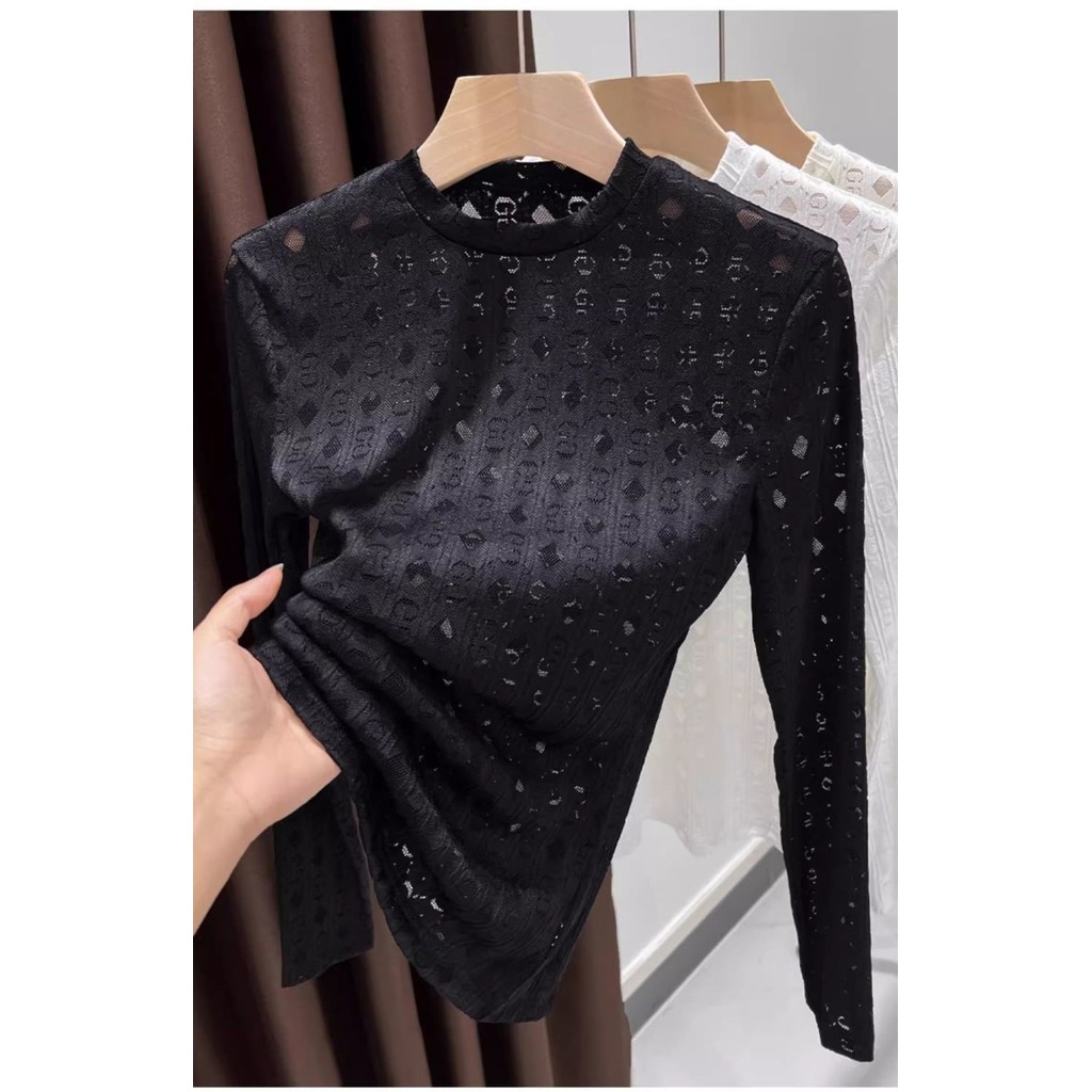 Milyfashion Phong Cách Mới Rỗng Ren Đáy Nhỏ Cổ Tròn Gạc Dài Tay