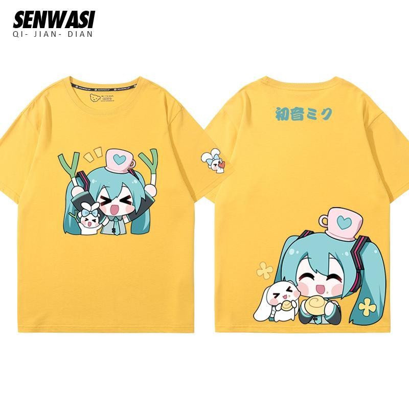 Áo thun cotton cỡ lớn hình in Quế Dog & Miku, dáng rộng unisex, cổ tròn, phù hợp cặp đôi