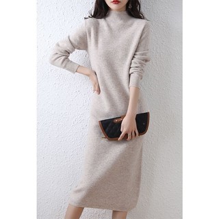 Đầm Dệt Kim Nửa Cổ Cao Cổ Áo Len Đầm Thu Đông Đầm Dài Phong Cách Bên Trong Đáy Váy Thẳng Trượt Tuyết Dài