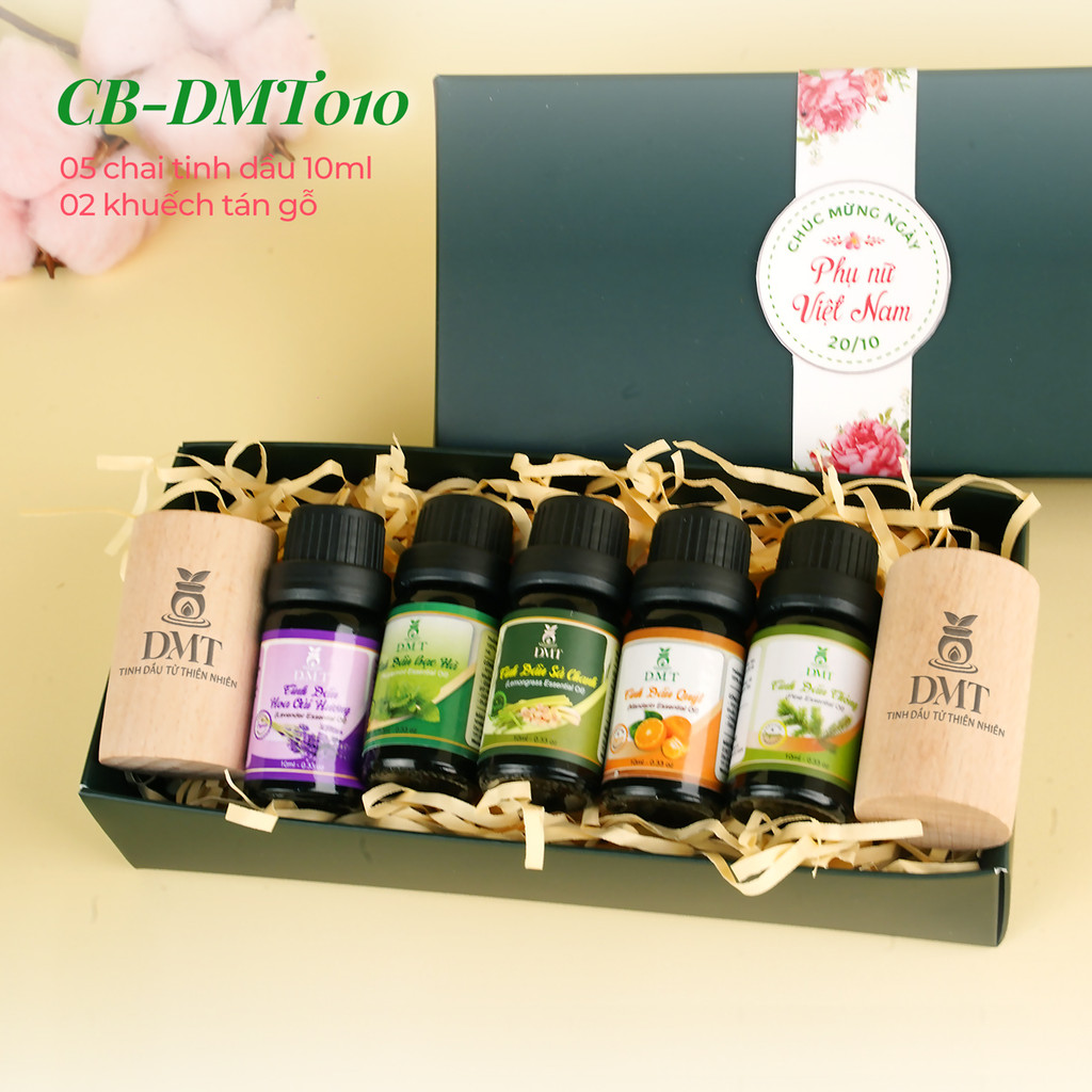 Quà tặng doanh nghiệp, quà tặng sự kiện - hộp 5 chai tinh dầu thiên nhiên 10ml + 2 khuếch tán gỗ