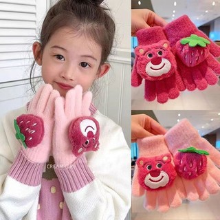 Găng tay nhung bé gái 3-10 tuổi  gấu dâu dễ thương, găng tay bé gái tiểu học
