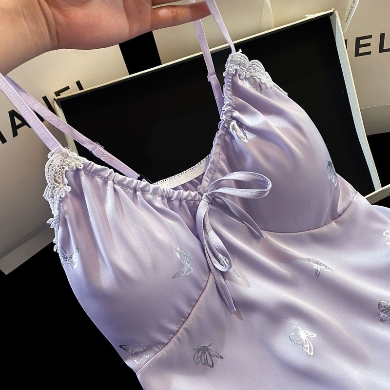 Pyjama váy ngủ nữ mới 2025, bướm bạc gợi cảm với dây đeo thảm ngực ngọt ngào