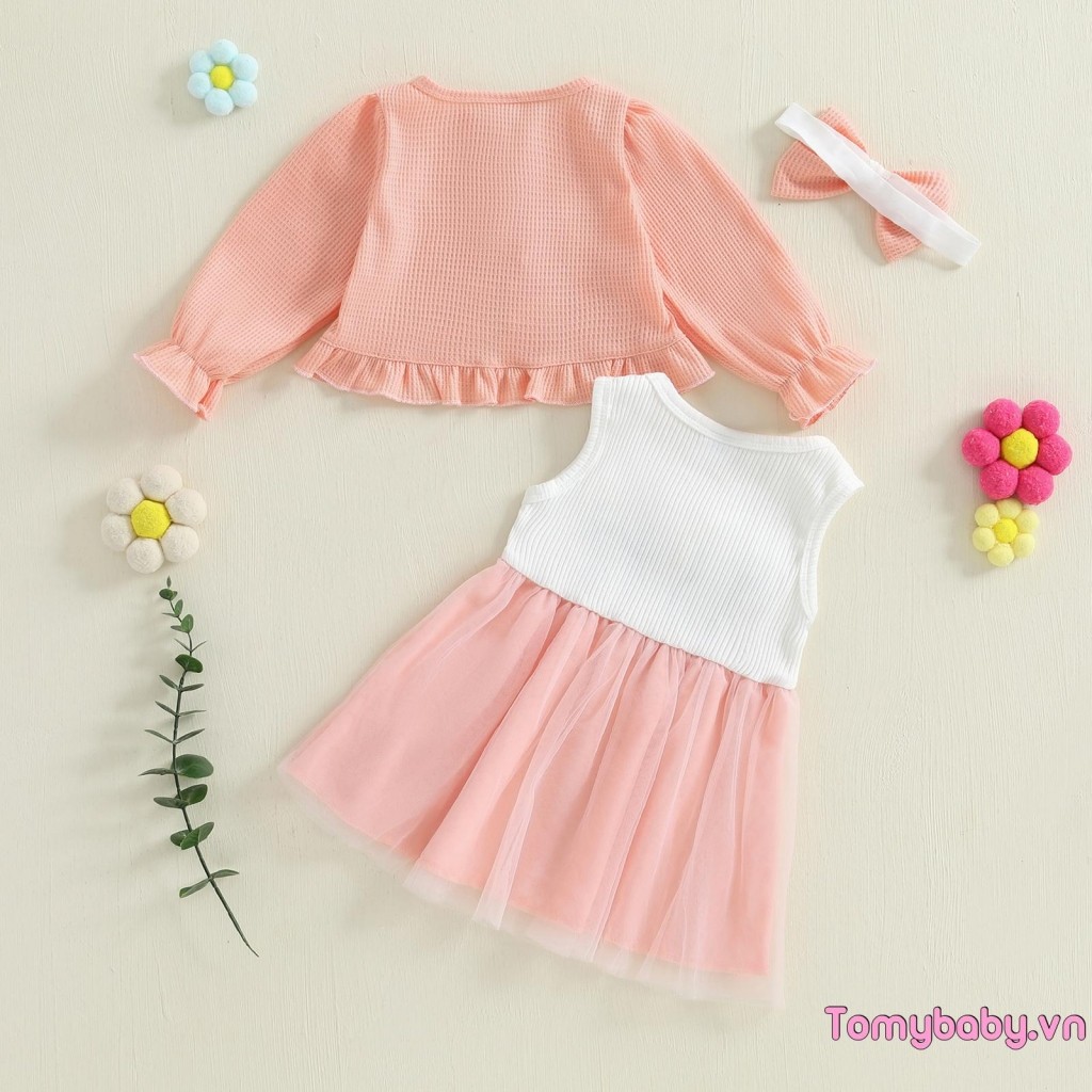 Váy trượt vải tuyn hoa cho bé gái có áo khoác dài tay + Bộ quần áo băng đô