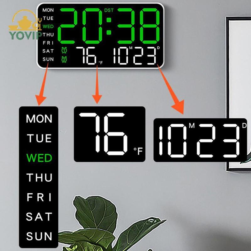 YOVIP Đồng hồ treo tường kỹ thuật số lớn Ngày tuần Hiển thị nhiệt độ Bàn điều khiển bằng giọng nói Đồng hồ báo thức LED Độ sáng Có thể điều chỉnh Đồng hồ 12 / 24H VN