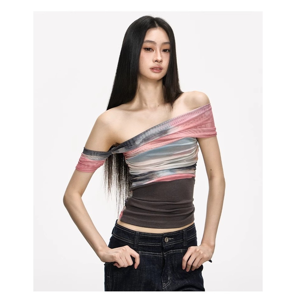 Milyfashion Gradient Color Tie-Dye In gạc Áo thun ngắn tay mùa hè Pure Desire Một vai ngắn