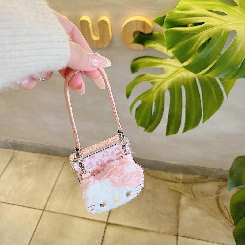 Thích Hợp Cho Samsung Galaxy ZFlip6 3D Hoạt Hình Dễ Thương Sanrio Kitty Da Báo Lông Tơ Sang Trọng Ốp Lưng Điện Thoại Cho ZFlip 5 6 4 3 5G Có Dây Bảo Vệ Vỏ Chống Sốc