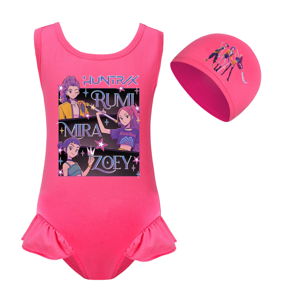 BS1 KPop Demon Hunters Girls Bộ áo tắm và mũ in hoạt hình Kết cấu tuyệt vời đáng yêu SB1