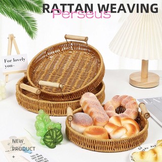 MEGOCE 1 Cái Giỏ Mây Dệt Tay, Khay Đựng Thực Phẩm Bánh Mì Ăn Sáng Hình Tròn, Đĩa Thực Phẩm Bền Có Tay Cầm Trái Cây Rau Bánh Xẻ Bánh Nhựa Mây Chỉ Giỏ