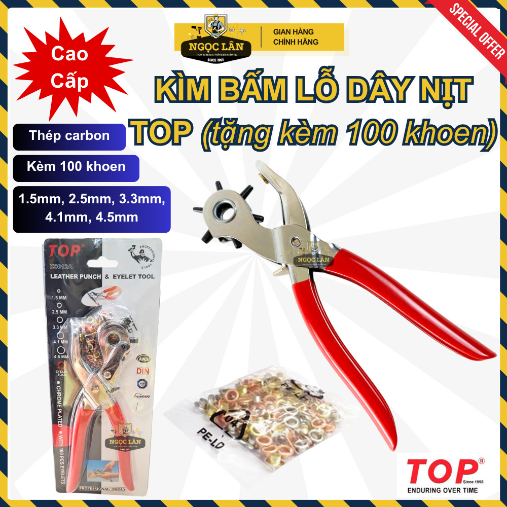 [Chính hãng TOP] Kìm bấm lỗ dây nịt, thắt lưngTOP kèm 100 khoen, bấm lỗ từ 1,5-2.5-3.3-4.1-4.5mm