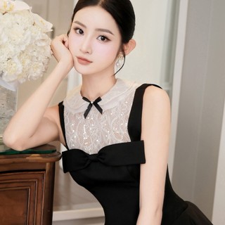 Set áo ren kim sa cổ sen layer phối mini dress 2 dây đen form xòe bồng, phong cách tiểu thư cổ điển KS280