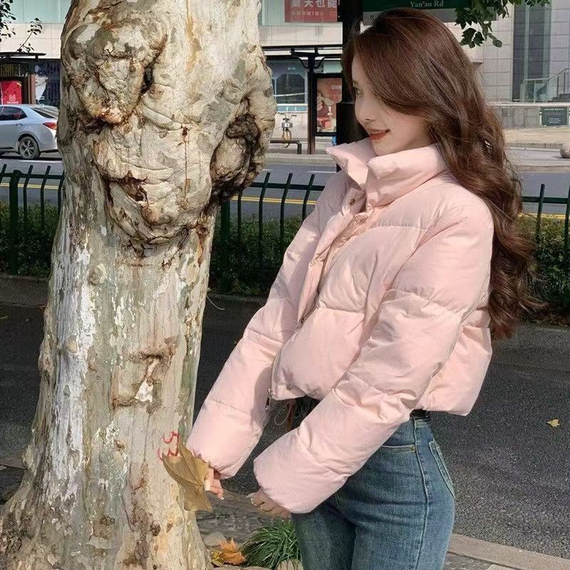 Áo khoác mùa đông màu hồng ngắn cổ đứng Hàn Quốc Niche lưng cao