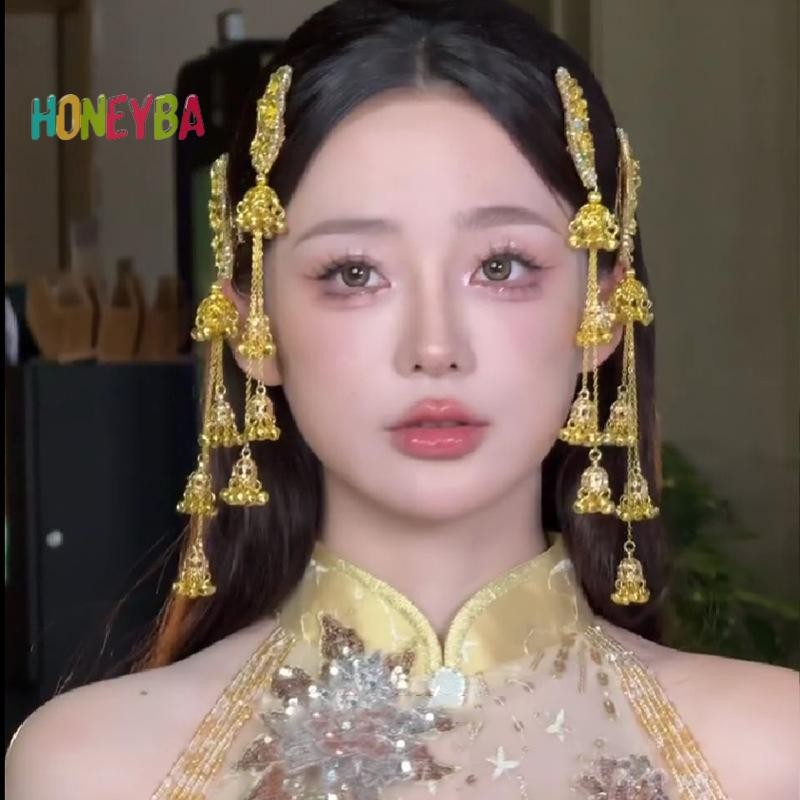< Honeyba > Kẹp Tóc Dây Xích Dài Cho Nữ Chuông Hoa Hình Kẹp Tóc Cô Dâu Cưới Dân Tộc Tóc Trang Sức